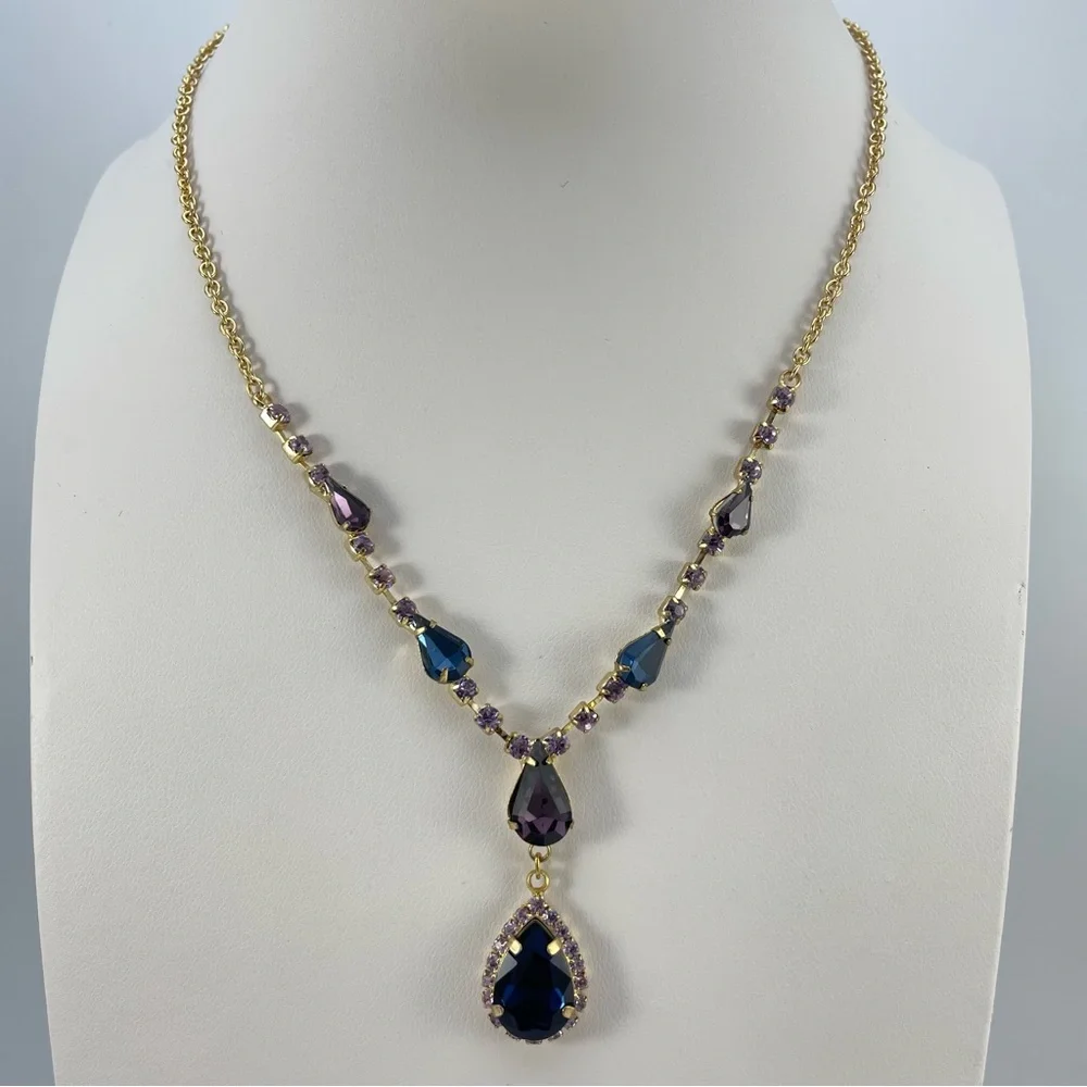 Stunning Gold Tone Purple & Blue Crystal Teardrop Statement Necklace